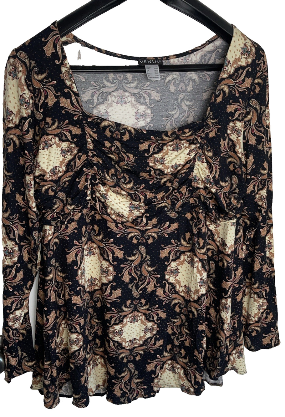 Blouse Plus W 1X Paisley Ruched Square Neck Black/Brown/Beige Venus preowned